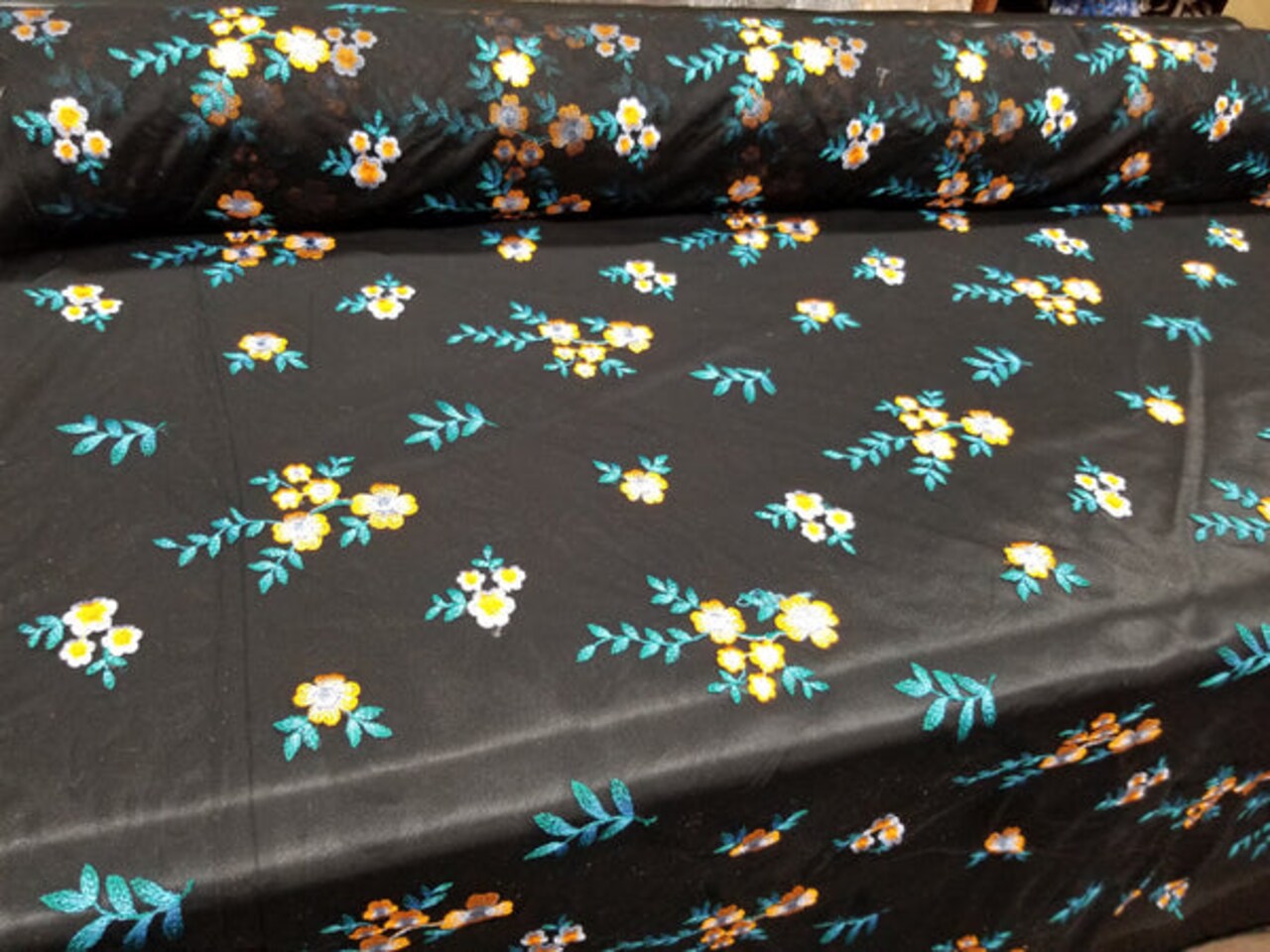 1 Yard Orange Blue Floral Embroidered Black Mesh Lace for Gowns Dresses Decor 50/54 Inch